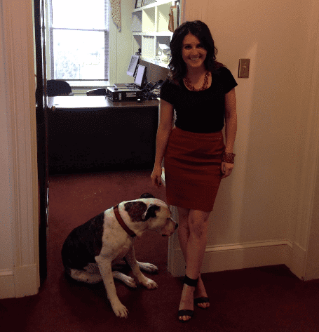 woman with dog in lawfirm office