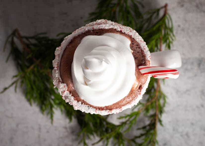 Overhead View of Cup of Hot Chocolate with Whipped Cream and Red and White Candy Cane