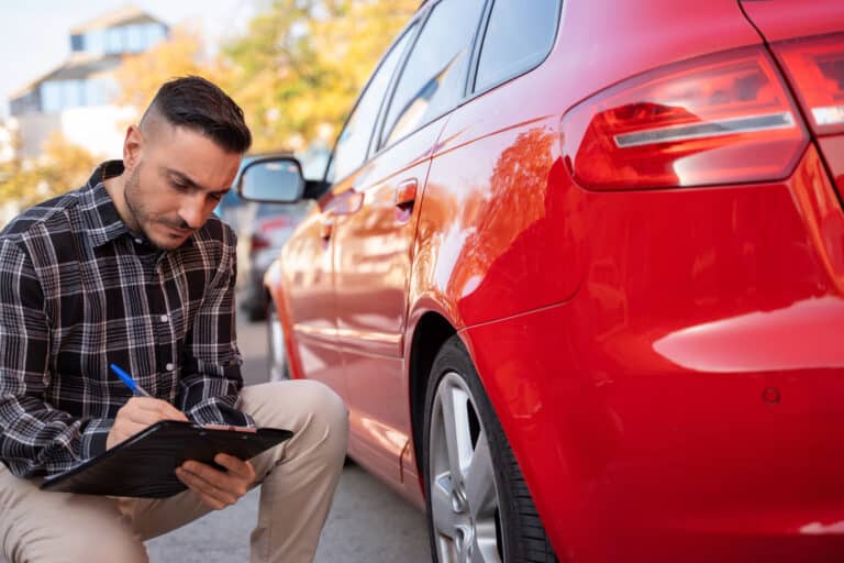 insurance agent crouching near red car