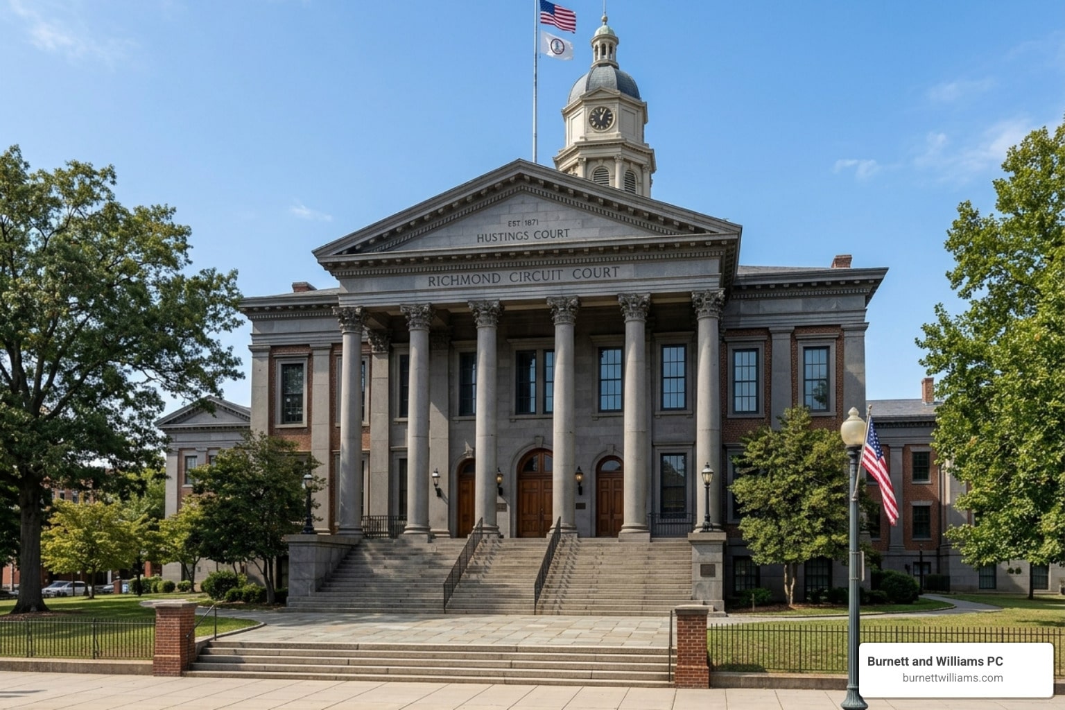 Grand neoclassical courthouse with tall columns, steps, and a clock tower under a blue sky. American flags fly atop the building.