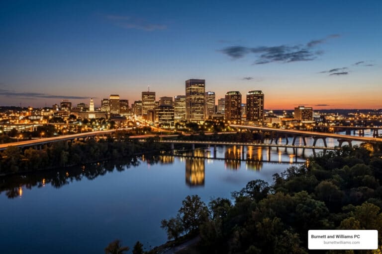 Richmond skyline and the James River at dusk - Richmond personal injury law